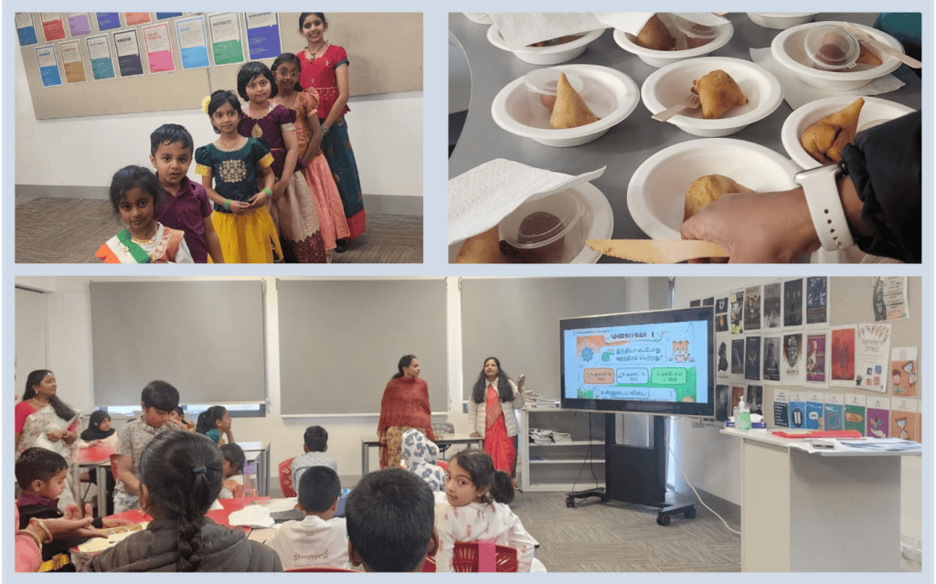 சுதந்திர தின விழாவின்போது பாரம்பரிய உடையில் குழந்தைகள், பரிமாறப்படும் சிற்றுண்டி, மற்றும் தமிழ் வினாடி வினா செயல்பாடு
